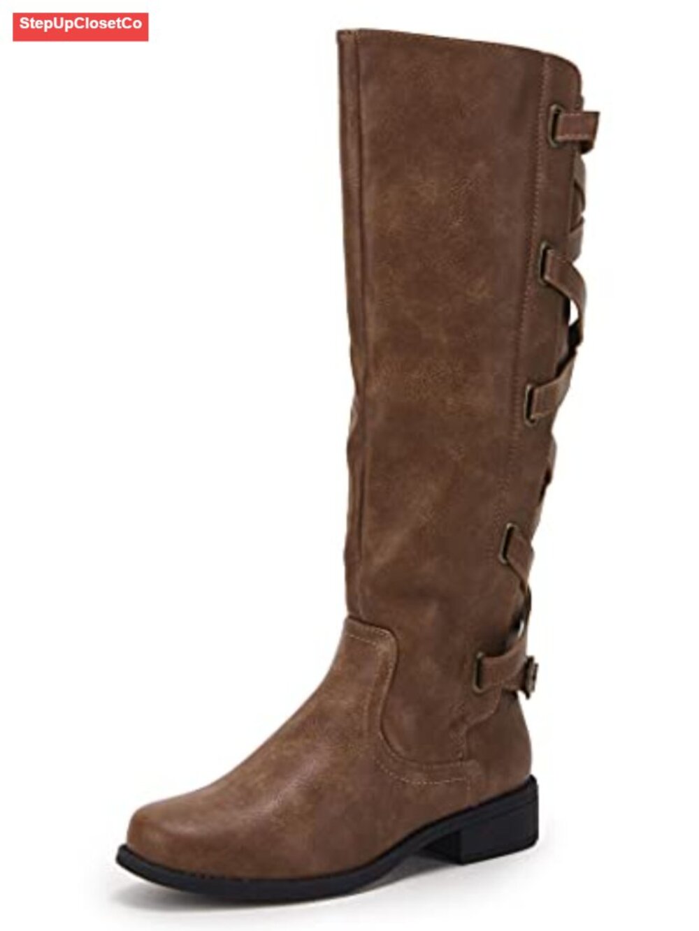 Faux Leather Lace Up Knee High Combat Boots Low Heel Side Zipper Women's